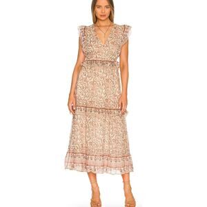 Cleobella Cherie Ankle Pink Brown Tiered Midi Dainty Ruffle dress zinnia Large